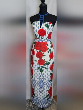 LUXMI Red Rose Floral Print Halter Maxi Dress Blue Geometric Slit Size S